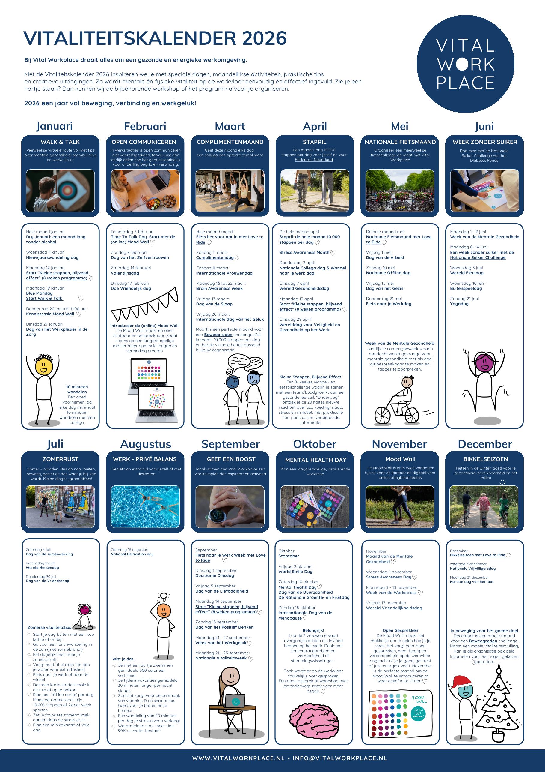 Vitaliteitskalender 2026 van Vital Workplace met per maand thema's, inhaakdagen en tips