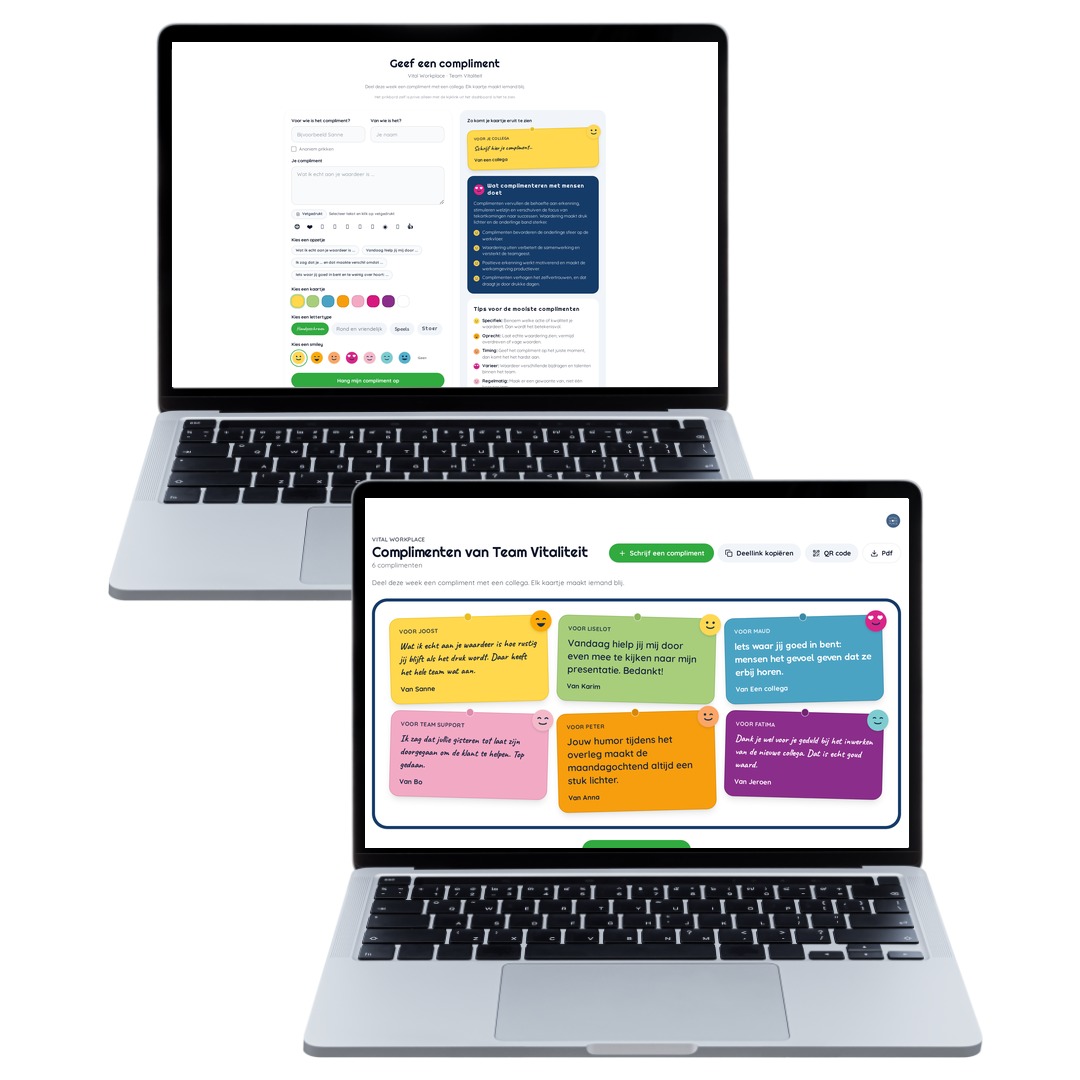 Het online complimenten prikbord op een laptop en telefoon