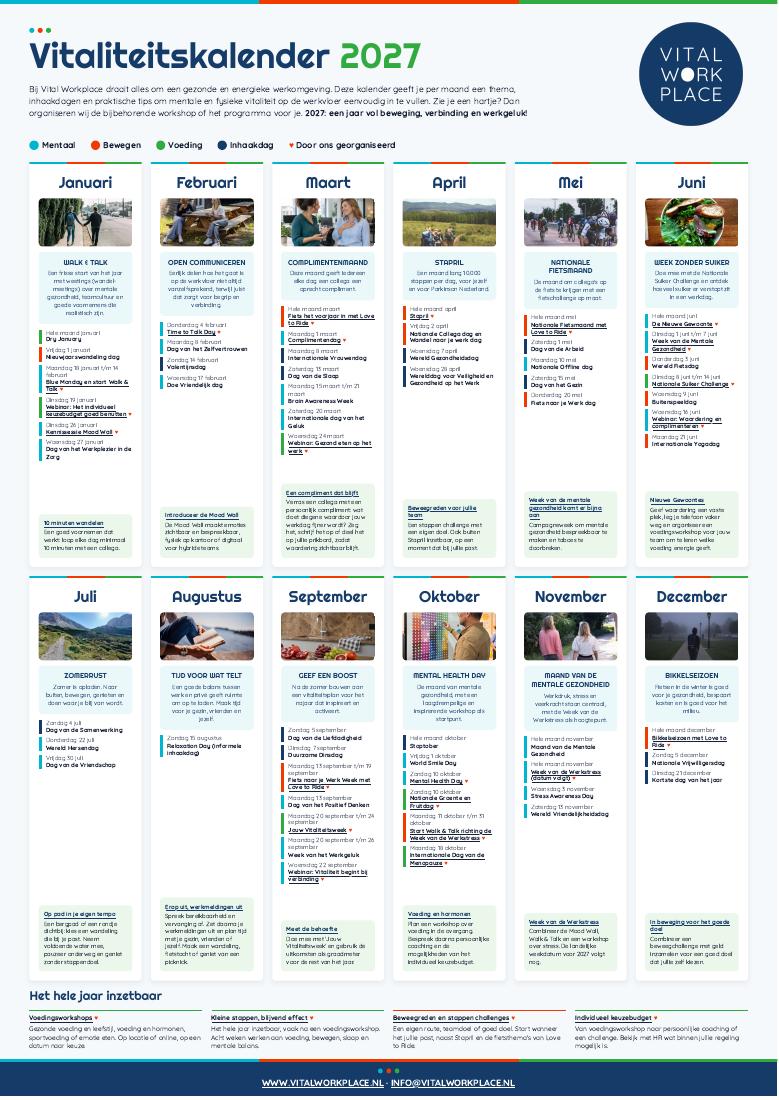 Vitaliteitskalender 2027 van Vital Workplace met maandthema's, foto's, inhaakdagen en programma's